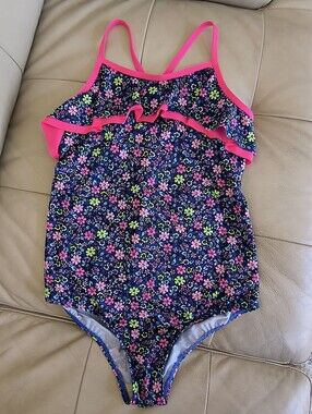 Lands' End Navy Floral One-Piece Swimsuit with Pink Trim